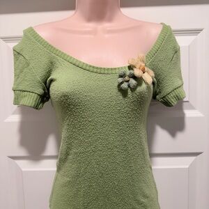 Monteau Green Off-Shoulder Sweater with Floral Details